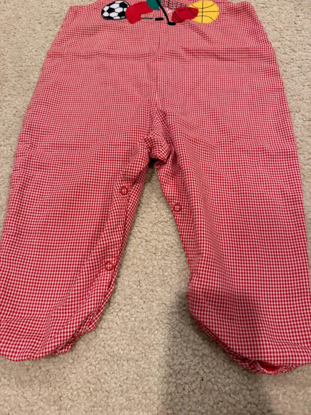 Red Gingham Kids One-Piece Bodysuit with Sports Applique